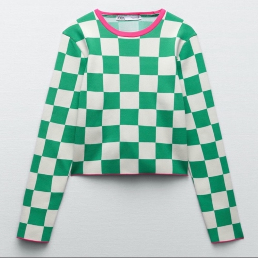Zara Green and White Checkered Top